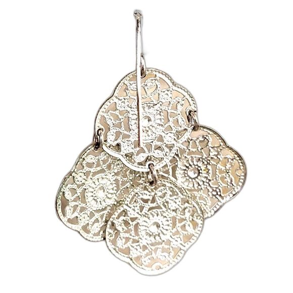 Silver Lace Pendant Pierced Earrings 4 Pendants Shiny Vintage Style 1.5 in drop - Picture 4 of 8